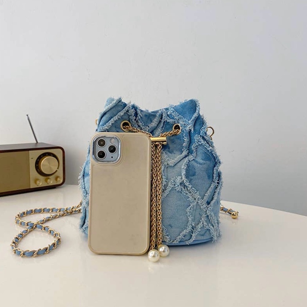 Capir Blue Boutique Pearl Denim Drawstring Bucket Bag - Picture 5 of 6